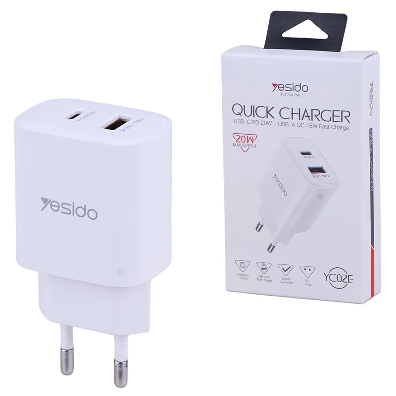 شارژر دیواری 20 وات یسیدو YC02E QC3.0 PD 3A