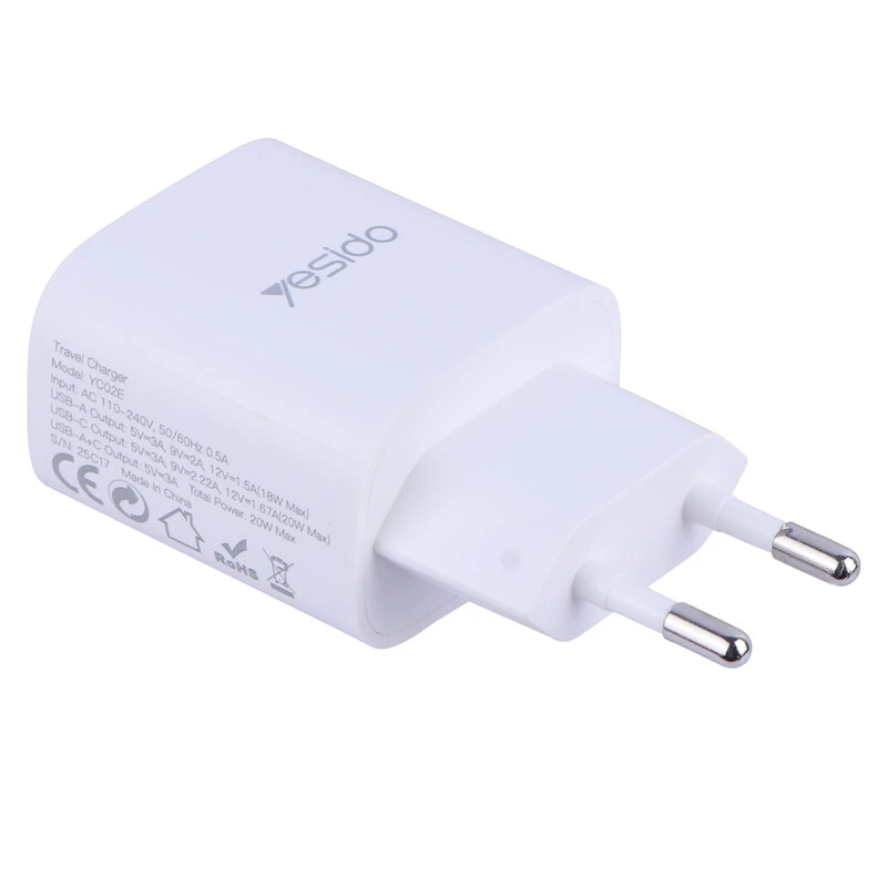 شارژر دیواری 20 وات یسیدو YC02E QC3.0 PD 3A